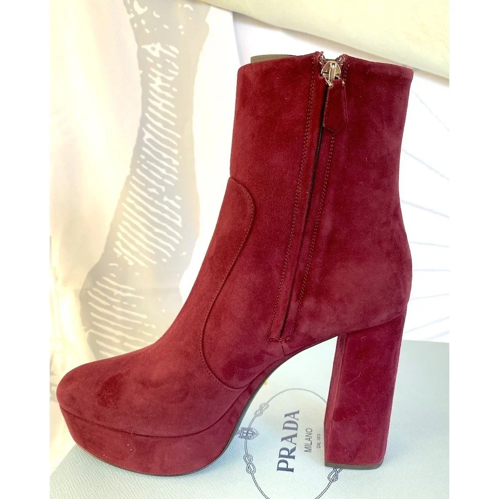PRADA Milano 1TP221 Womens Burgundy Suede High heel‎ Ankle Boots Shoes, 35.5